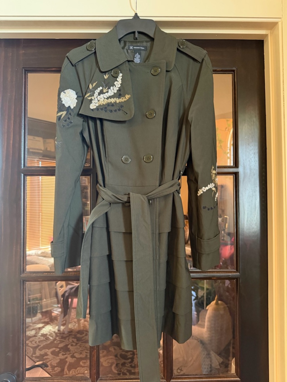 INC International Concepts Olive Green Embroidered Trench Coat